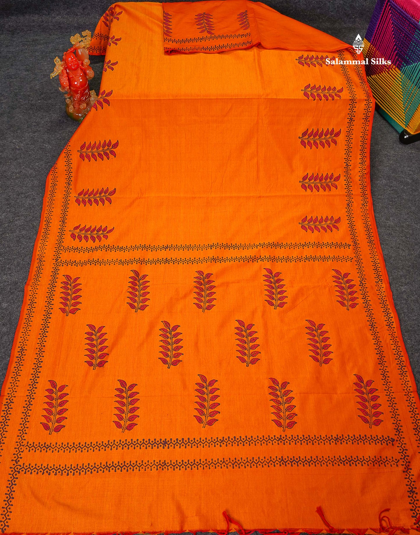 South Cotton Saree - Orange Printed Saree With Contrast Dark Purple Blouse
