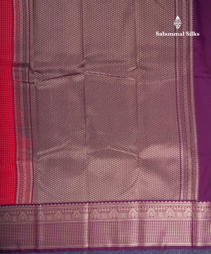 Beautiful Reddish Pink Checks Semi Silk Saree With Contrast Dark Magenta Traditional Border