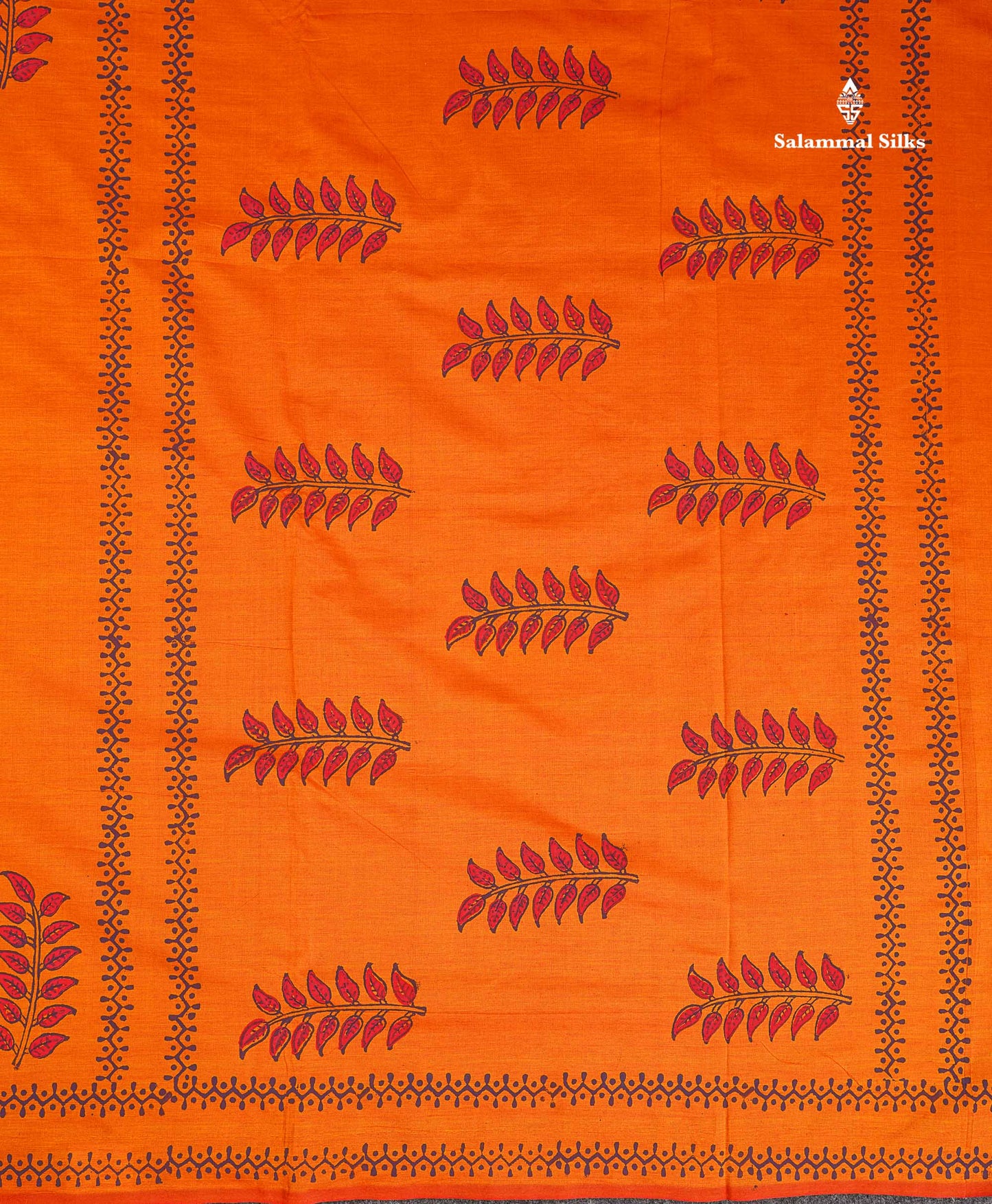 South Cotton Saree - Orange Printed Saree With Contrast Dark Purple Blouse