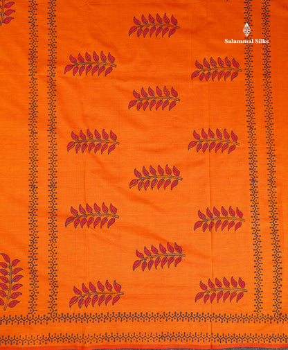 South Cotton Saree - Orange Printed Saree With Contrast Dark Purple Blouse