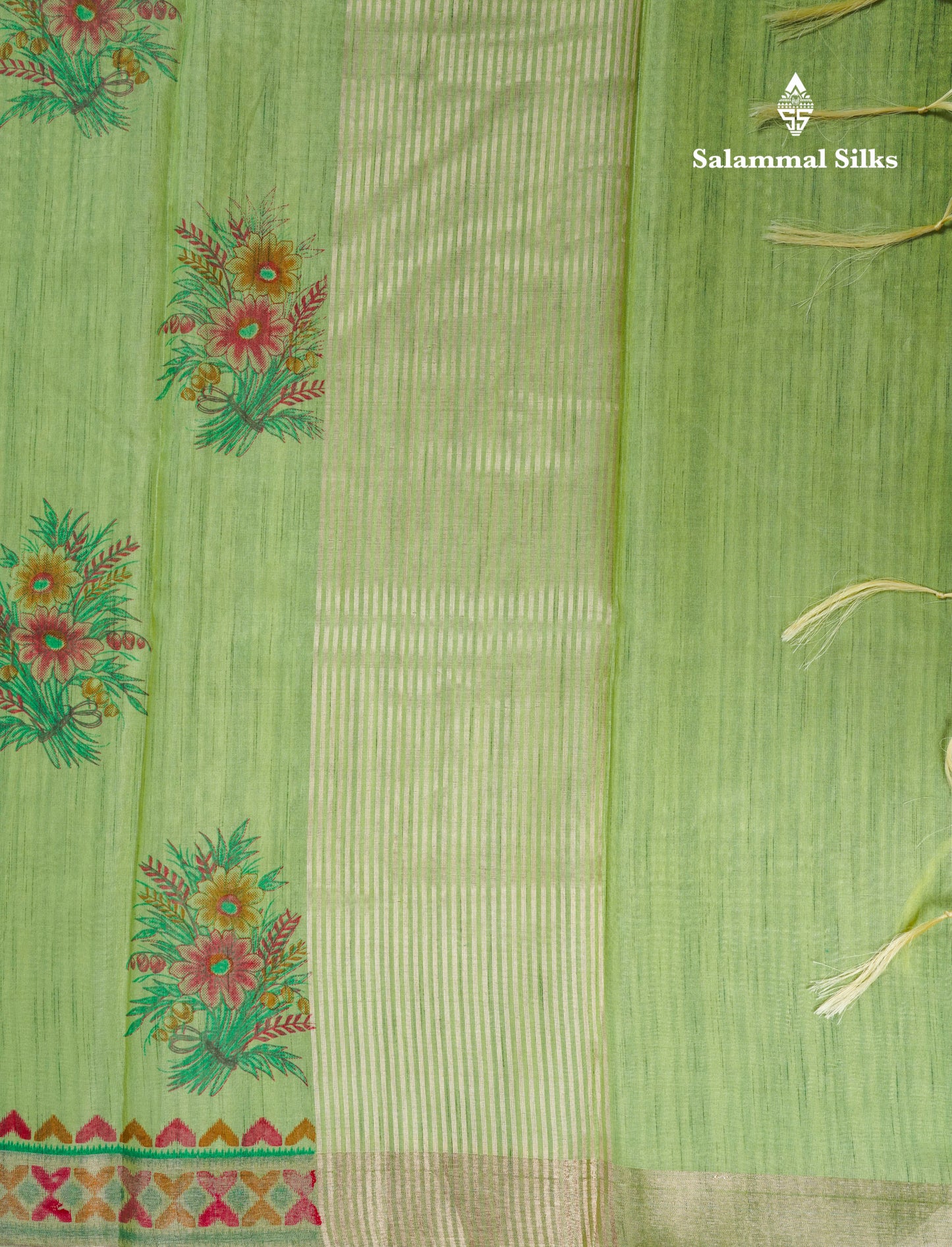 Elaichi Green Printed Cotton Mix Saree With Small Tissue Border