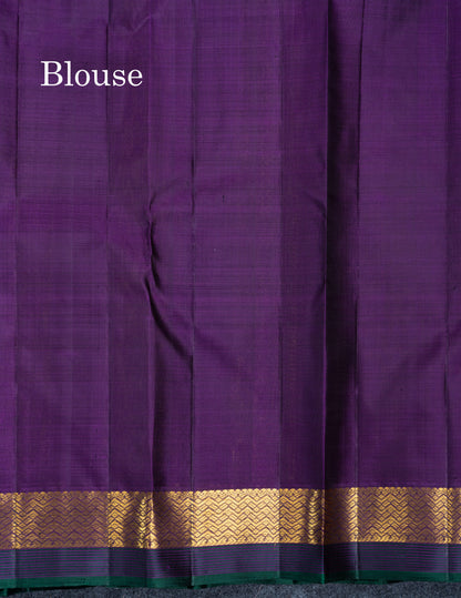 Olive Mustard Yellow Pure Kanjivaram Silk Saree With Contrast Dark Purple Traditional Border