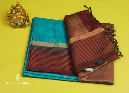 Beautiful Sea Blue Pure Kanjivaram Soft Silk Saree With Contrast Navy Blue Zari Checks Border