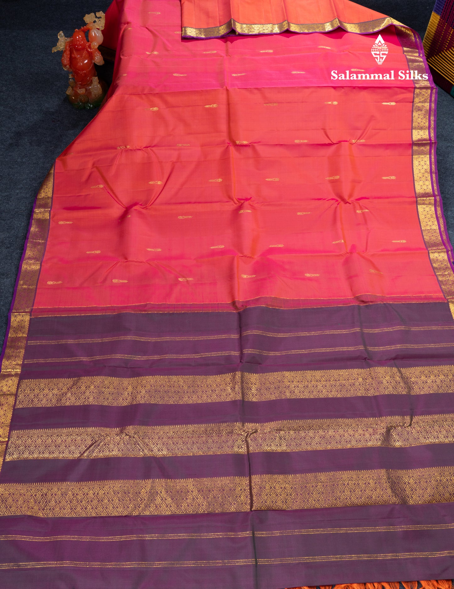 Rust Orange Pure Kanjivaram Silk Saree With Contrast Dark Bottle Green Blouse