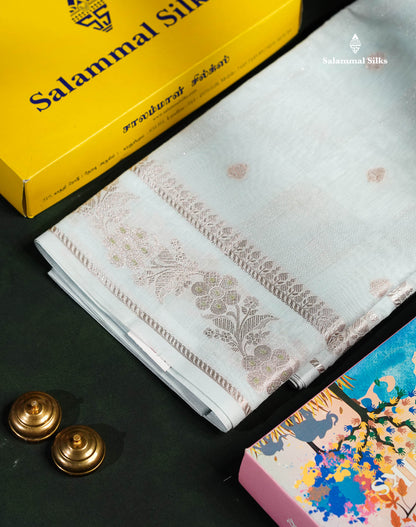 Pastel Blue Colour Cotton Mix Saree With Silver Zari Menna Work Border