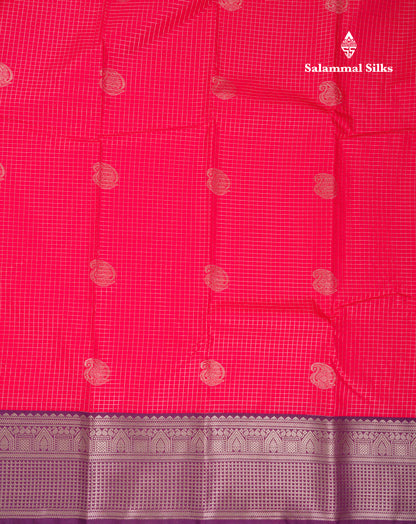Beautiful Reddish Pink Checks Semi Silk Saree With Contrast Dark Magenta Traditional Border