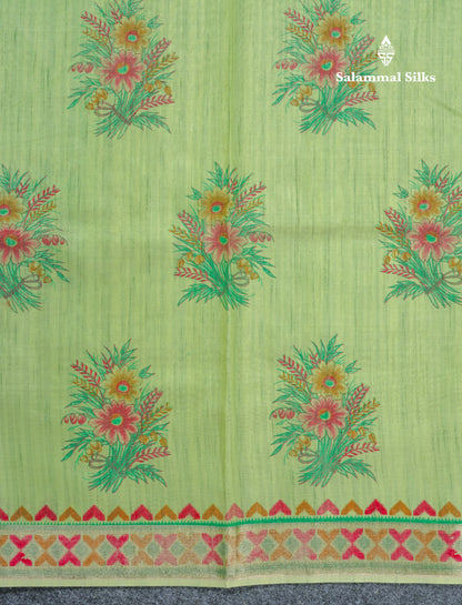 Elaichi Green Printed Cotton Mix Saree With Small Tissue Border