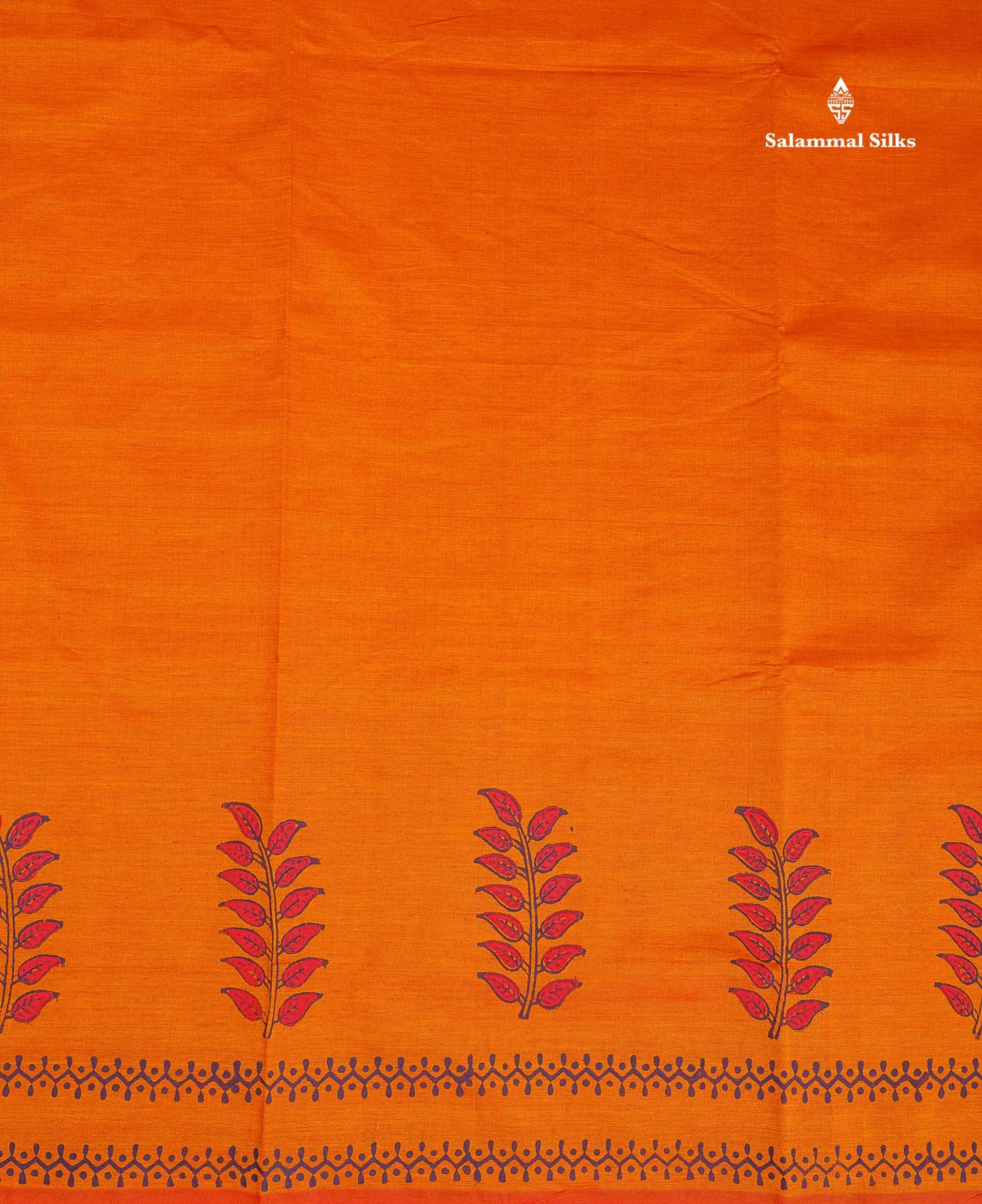 South Cotton Saree - Orange Printed Saree With Contrast Dark Purple Blouse