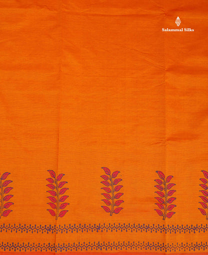 South Cotton Saree - Orange Printed Saree With Contrast Dark Purple Blouse