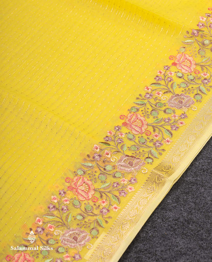Beautiful Pastel Blue Zari Lines Cotton Mix Fancy Saree With Embroidery Floral Design & Small Zari Border