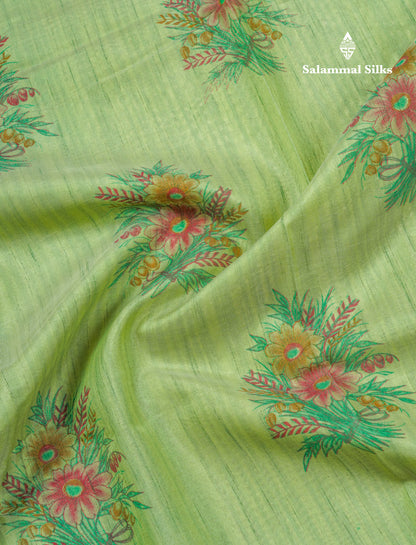 Elaichi Green Printed Cotton Mix Saree With Small Tissue Border