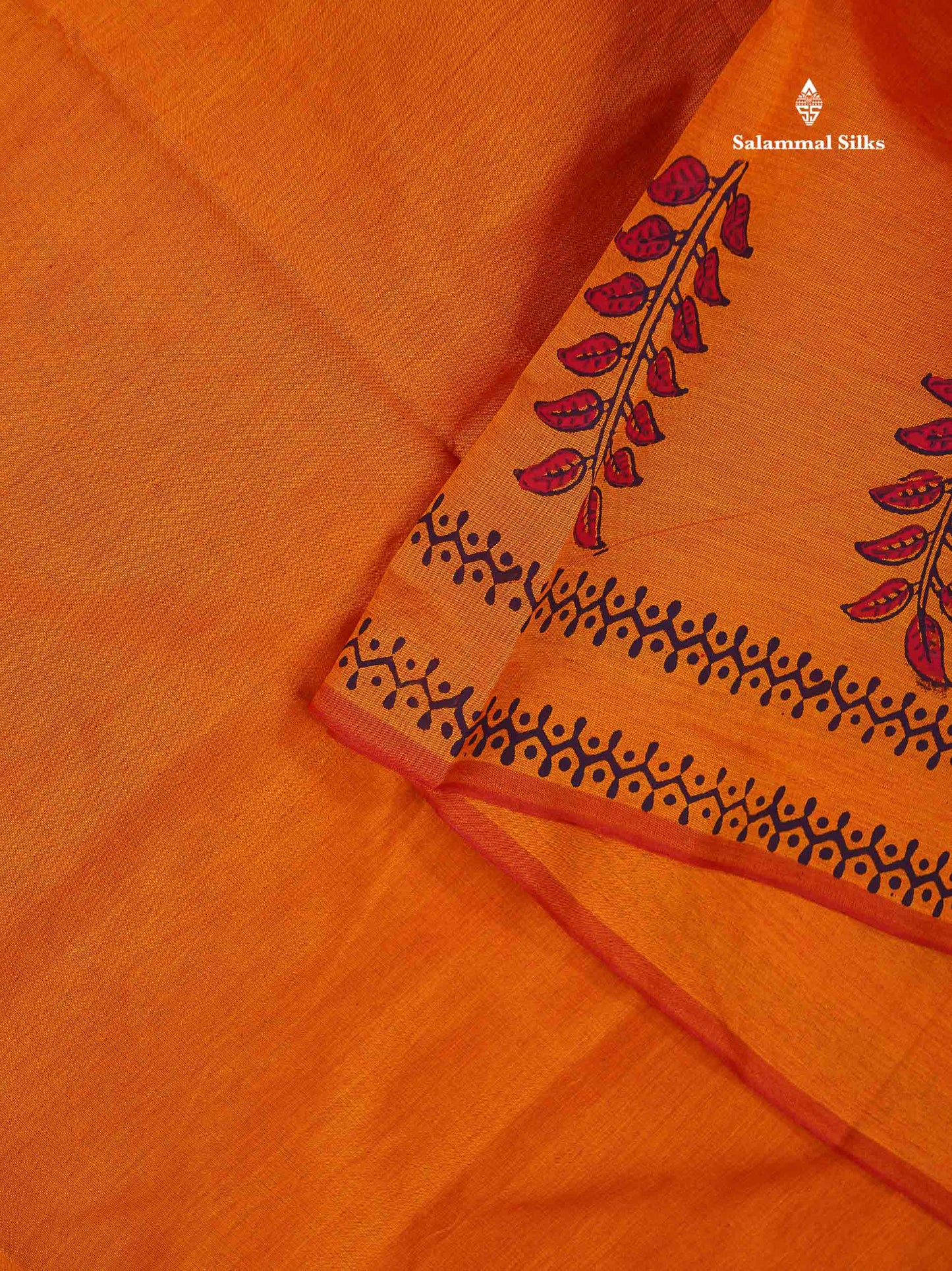 South Cotton Saree - Orange Printed Saree With Contrast Dark Purple Blouse