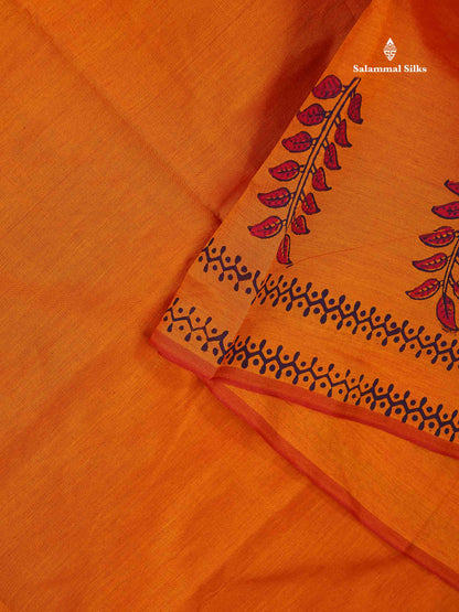 South Cotton Saree - Orange Printed Saree With Contrast Dark Purple Blouse
