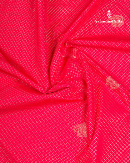 Beautiful Reddish Pink Checks Semi Silk Saree With Contrast Dark Magenta Traditional Border