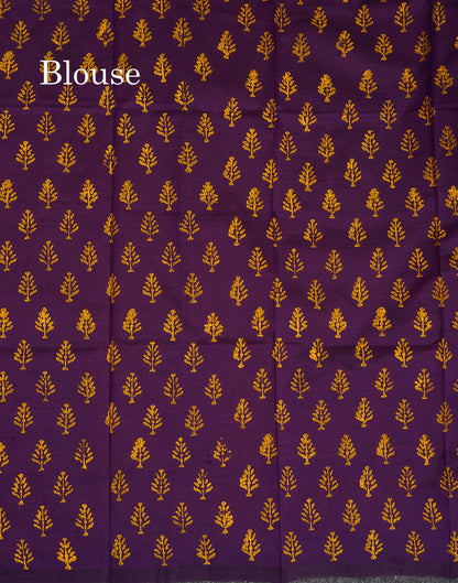 South Cotton Saree - Orange Printed Saree With Contrast Dark Purple Blouse