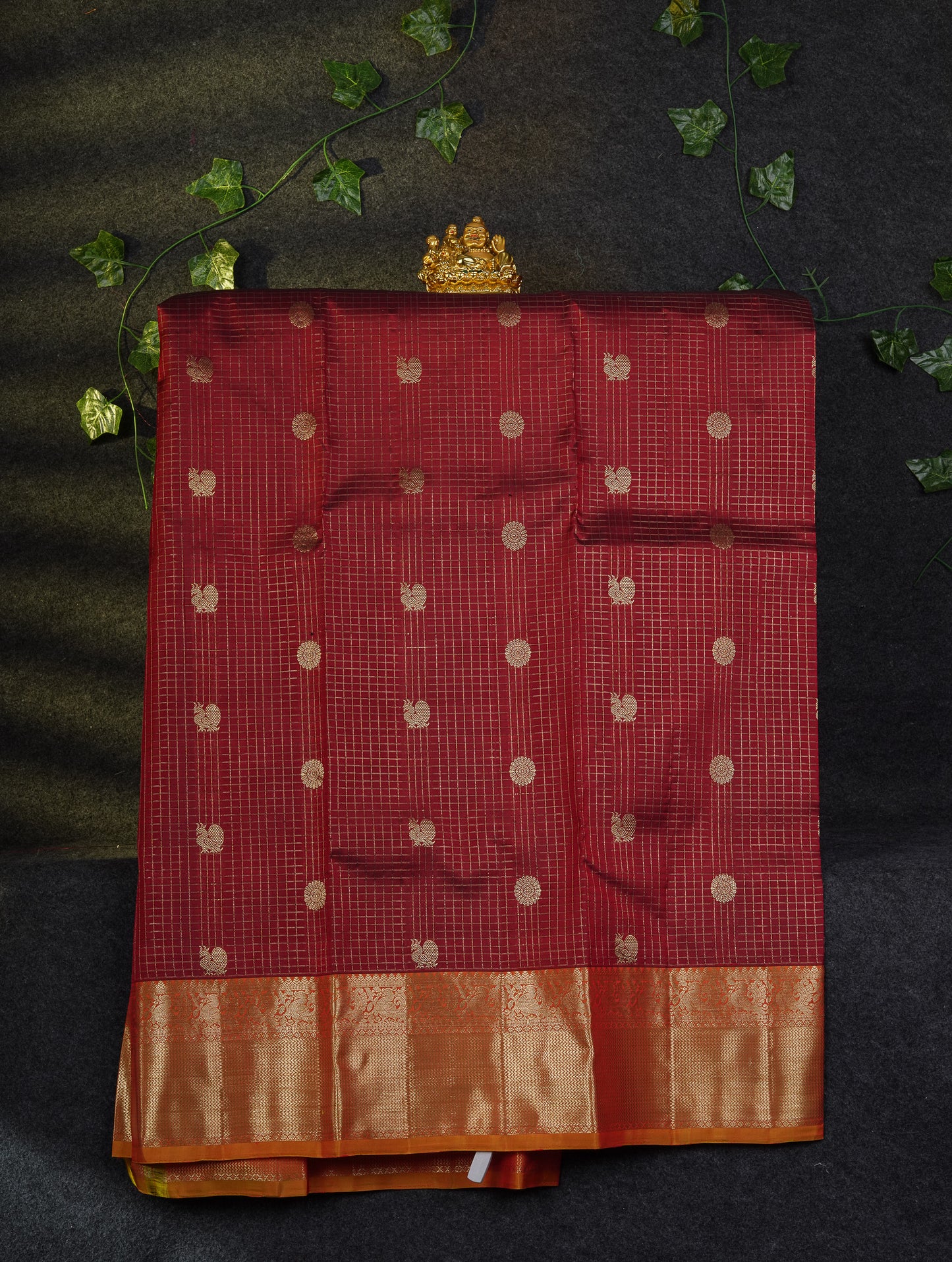 Beautiful Pure Silk Pattu Pavadai Checks With Butta (Dark Maroon) With Contrast Orange Blouse 45"