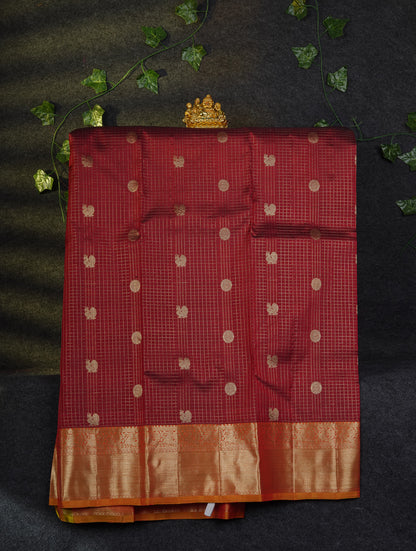 Beautiful Pure Silk Pattu Pavadai Checks With Butta (Dark Maroon) With Contrast Orange Blouse 45"