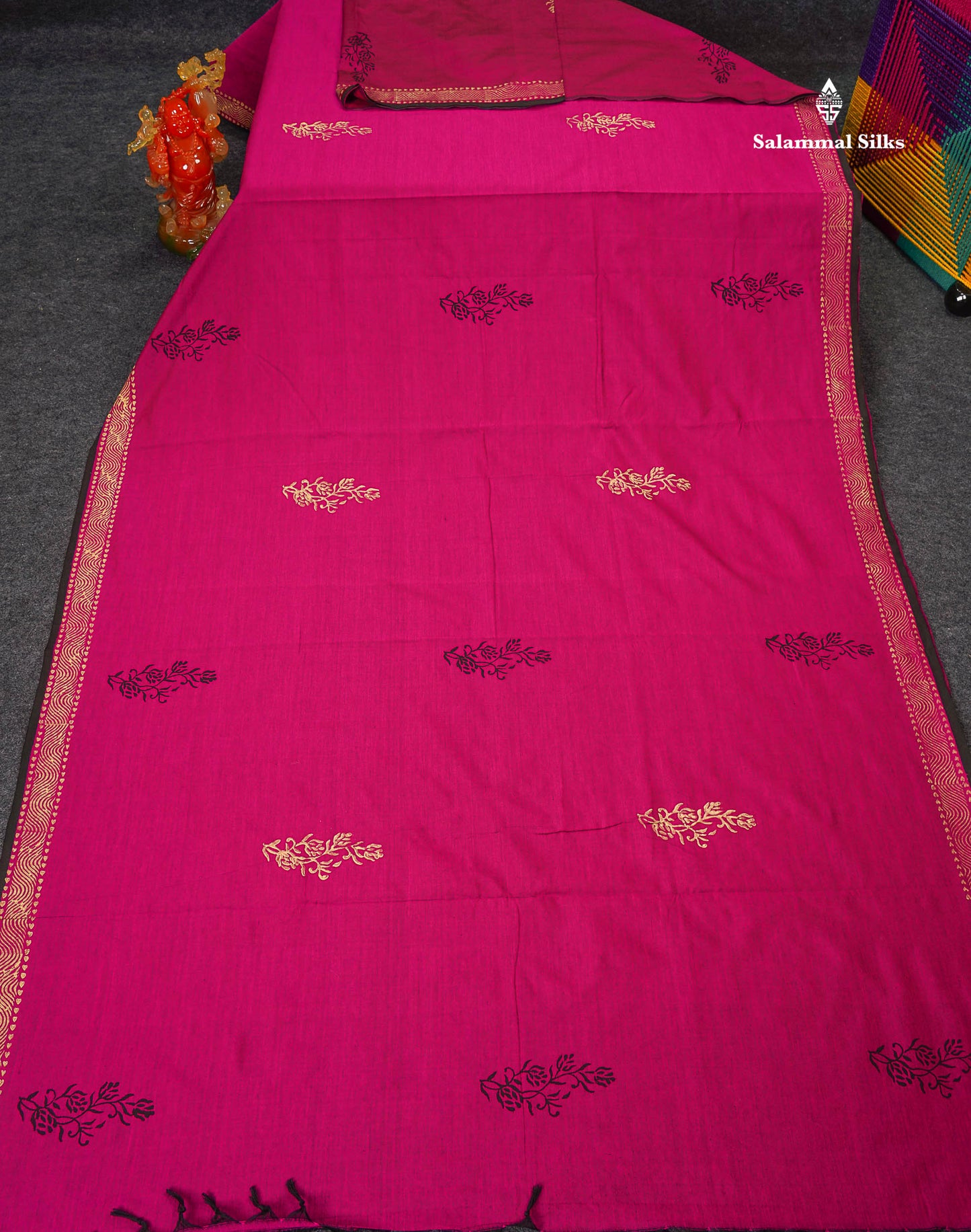 South Cotton Saree - Pink Printed Saree With Contrast Cream Sandal Blouse