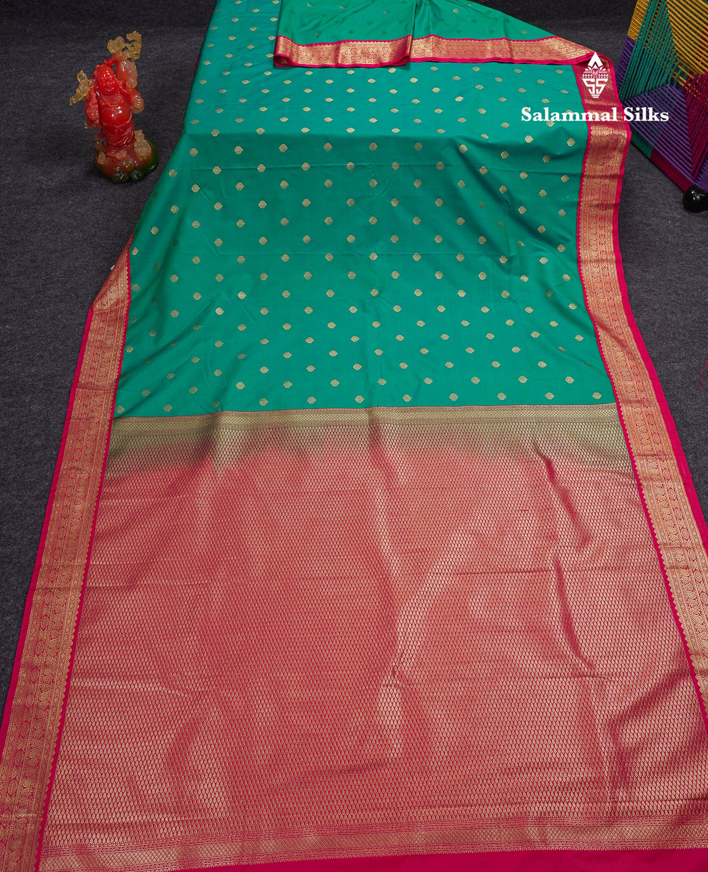 Beautiful Sapphire Green Semi Silk Saree With Contrast Pink Traditional Small Border
