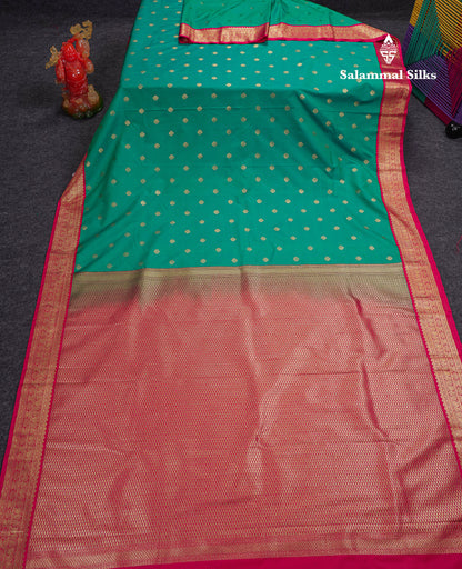 Beautiful Sapphire Green Semi Silk Saree With Contrast Pink Traditional Small Border