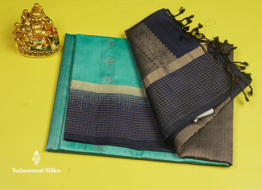 Beautiful Sea Blue Pure Kanjivaram Soft Silk Saree With Contrast Navy Blue Zari Checks Border