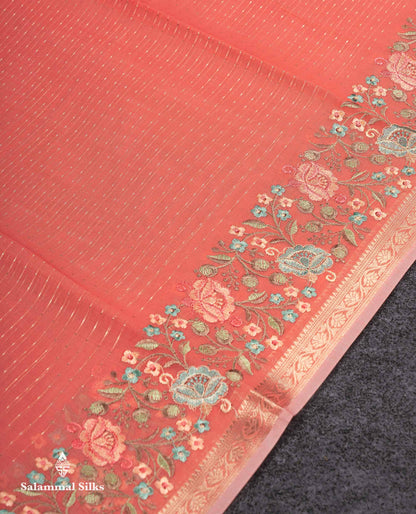Beautiful Pastel Blue Zari Lines Cotton Mix Fancy Saree With Embroidery Floral Design & Small Zari Border