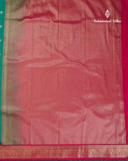 Beautiful Sapphire Green Semi Silk Saree With Contrast Pink Traditional Small Border