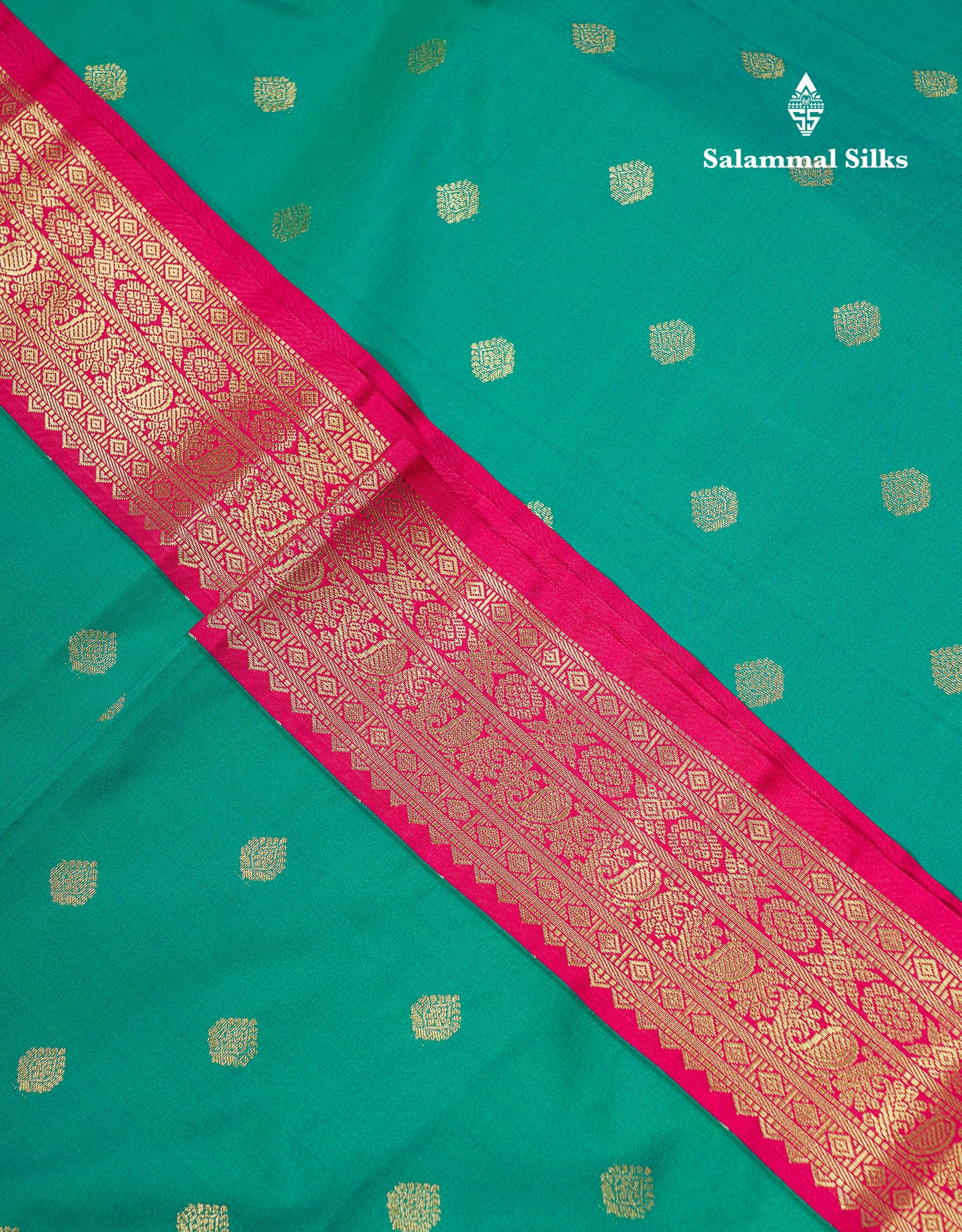 Beautiful Sapphire Green Semi Silk Saree With Contrast Pink Traditional Small Border