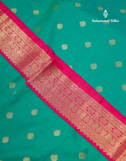Beautiful Sapphire Green Semi Silk Saree With Contrast Pink Traditional Small Border