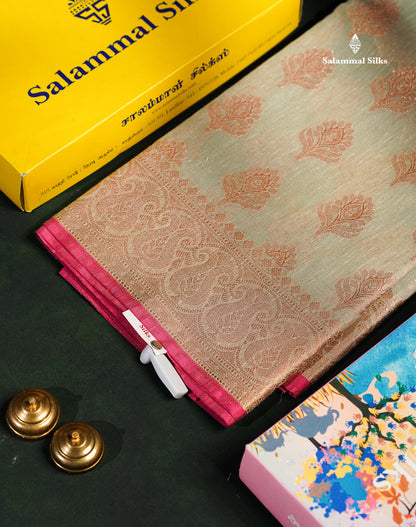 Beautiful Grey Linen Cotton Mix Fancy Saree With Contrast Pink Blouse