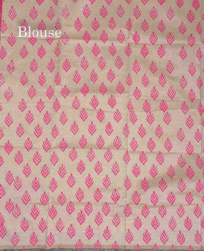 South Cotton Saree - Pink Printed Saree With Contrast Cream Sandal Blouse