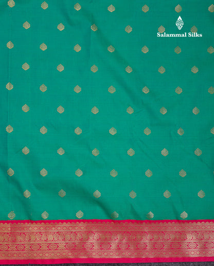 Beautiful Sapphire Green Semi Silk Saree With Contrast Pink Traditional Small Border