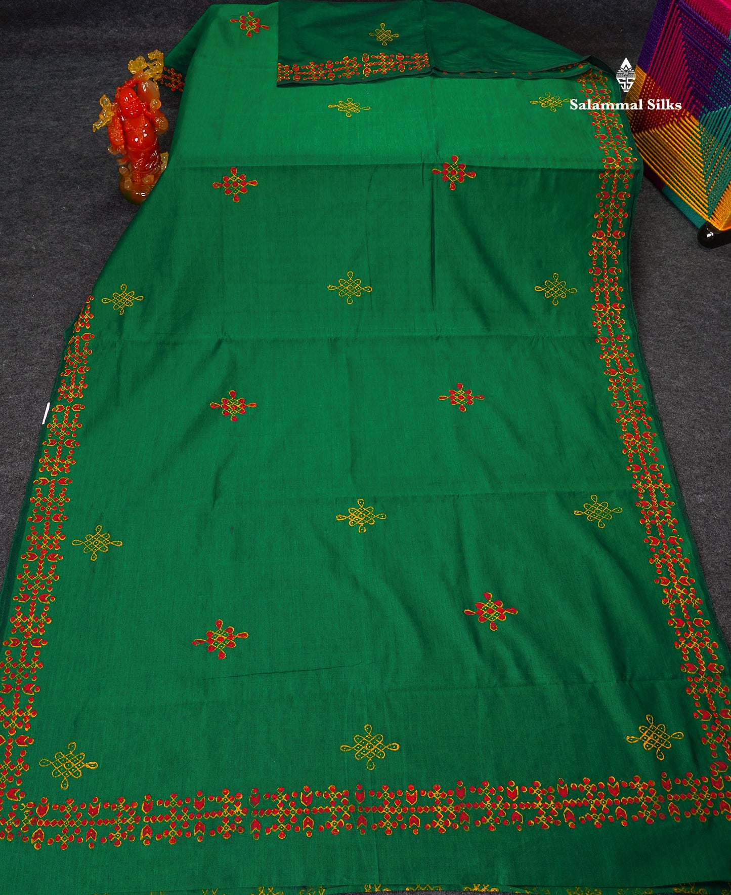 South Cotton Saree - Bottle Green Printed Saree With Contrast Mustard Yellow Blouse