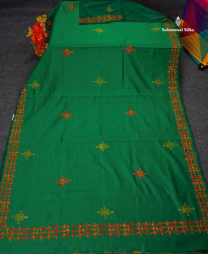 South Cotton Saree - Bottle Green Printed Saree With Contrast Mustard Yellow Blouse