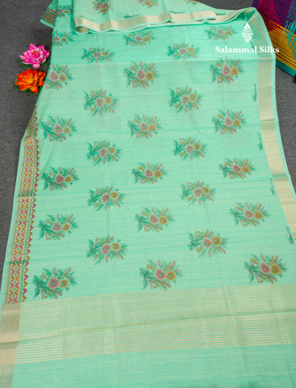 Elaichi Green Printed Cotton Mix Saree With Small Tissue Border