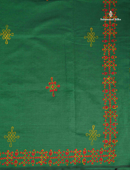 South Cotton Saree - Bottle Green Printed Saree With Contrast Mustard Yellow Blouse