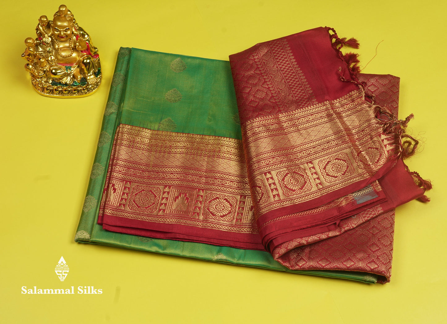 Beautiful Green Pure Kanjivaram Soft Silk Saree With Contrast Maroon Traditional Border