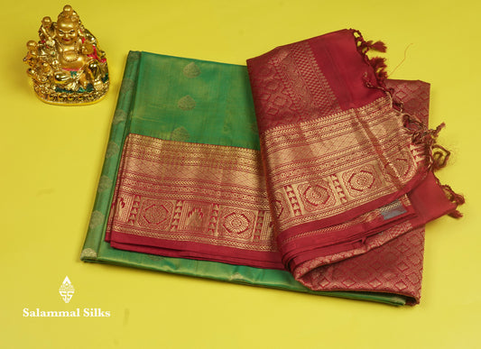 Beautiful Green Pure Kanjivaram Soft Silk Saree With Contrast Maroon Traditional Border