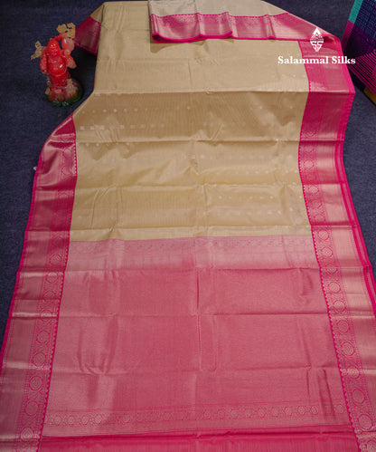 Beautiful Beige Vaira Oosi Lines Semi Silk Saree With Contrast Pink Border