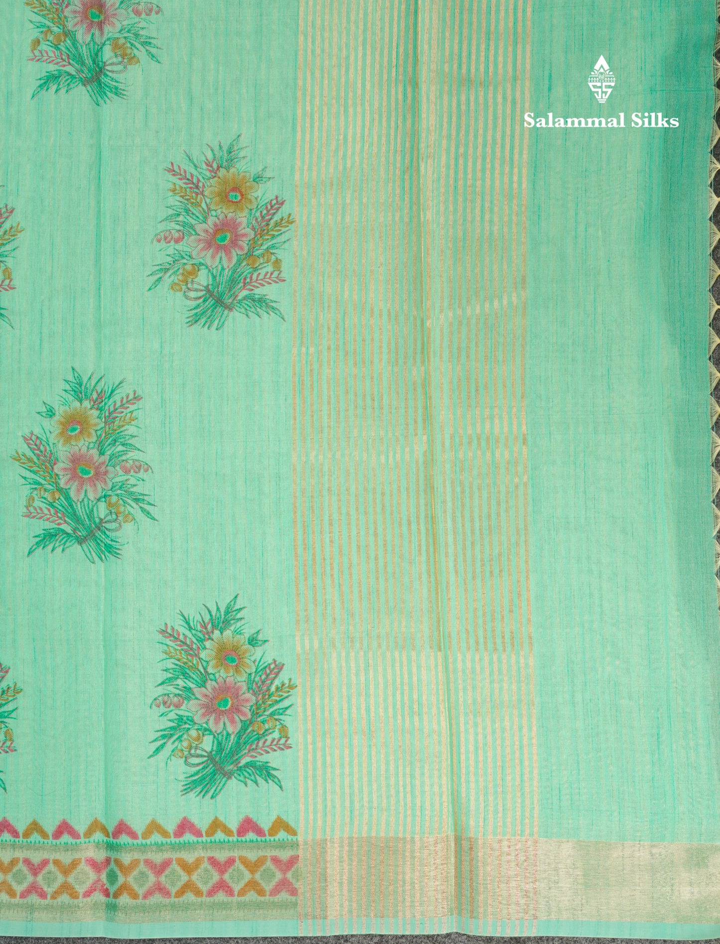 Elaichi Green Printed Cotton Mix Saree With Small Tissue Border
