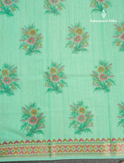 Elaichi Green Printed Cotton Mix Saree With Small Tissue Border