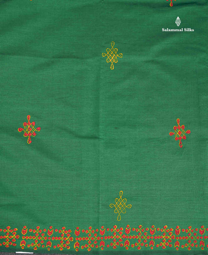 South Cotton Saree - Bottle Green Printed Saree With Contrast Mustard Yellow Blouse