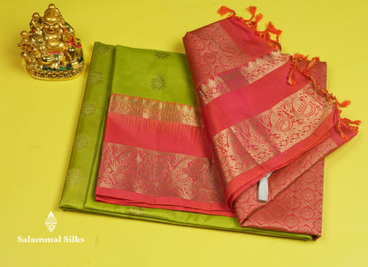 Beautiful Bottle Green Pure Kanjivaram Soft Silk Saree With Contrast Pinkish Orange Border