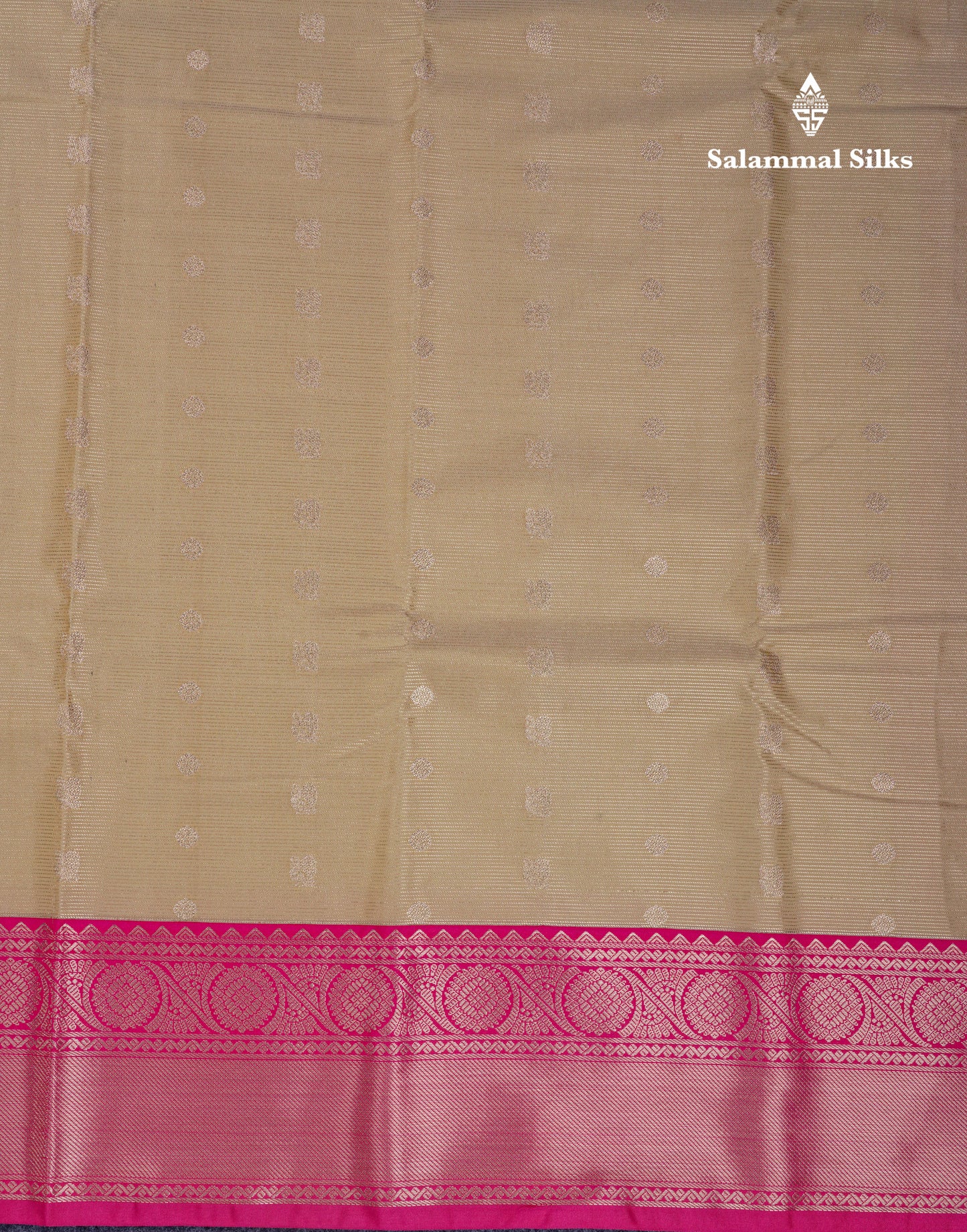 Beautiful Beige Vaira Oosi Lines Semi Silk Saree With Contrast Pink Border