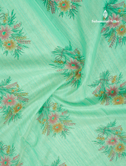 Elaichi Green Printed Cotton Mix Saree With Small Tissue Border