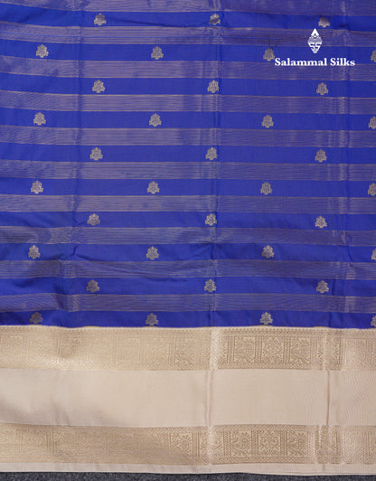 Beautiful Royal Blue Semi Silk Saree With Contrast Cream Sandal Traditional Rettapet Border