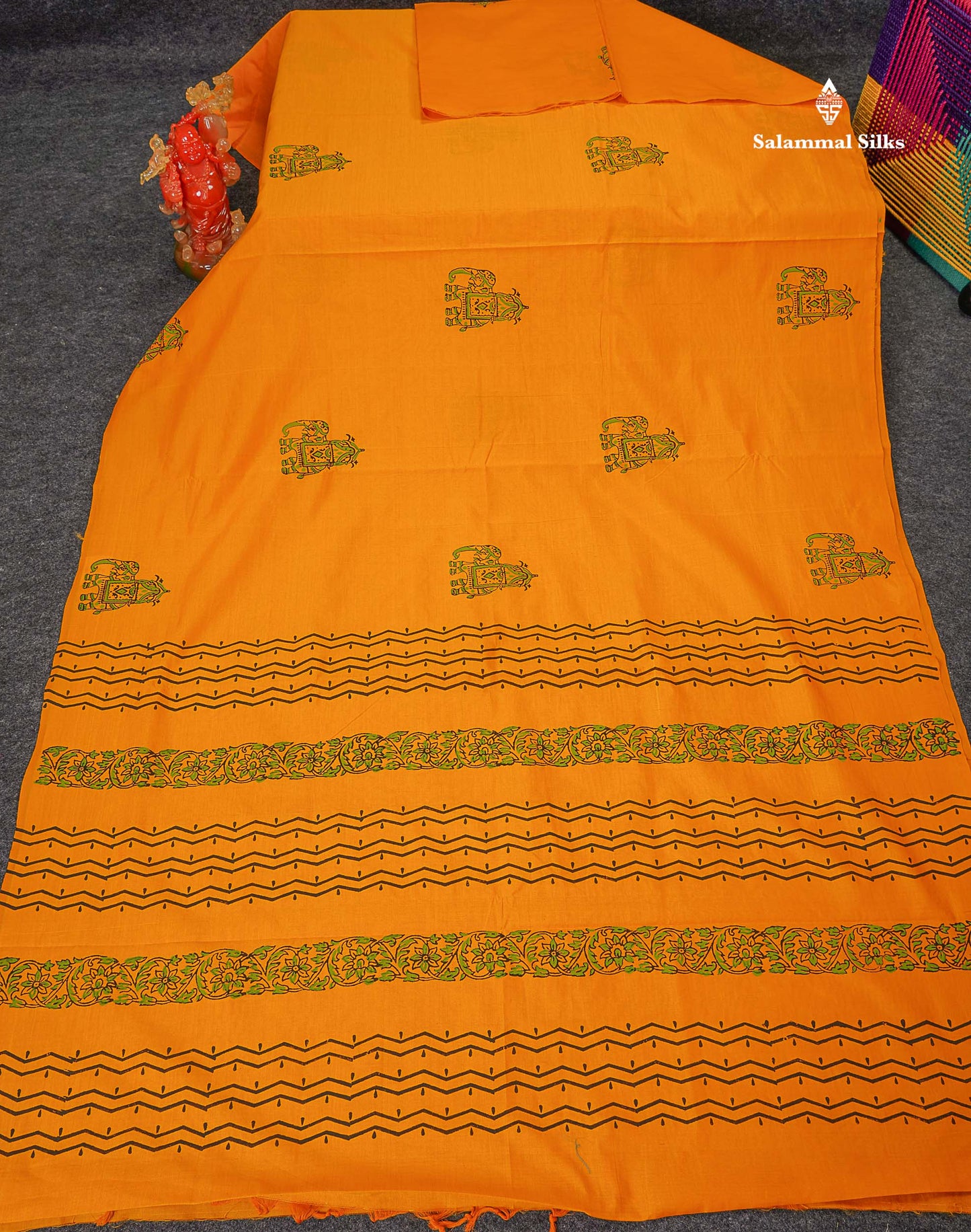 South Cotton Saree - Mustard Yellow Printed Saree With Contrast Black Blouse