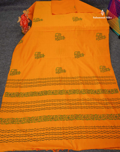 South Cotton Saree - Mustard Yellow Printed Saree With Contrast Black Blouse