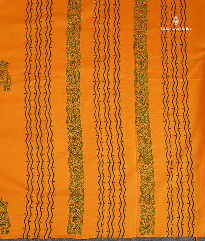 South Cotton Saree - Mustard Yellow Printed Saree With Contrast Black Blouse