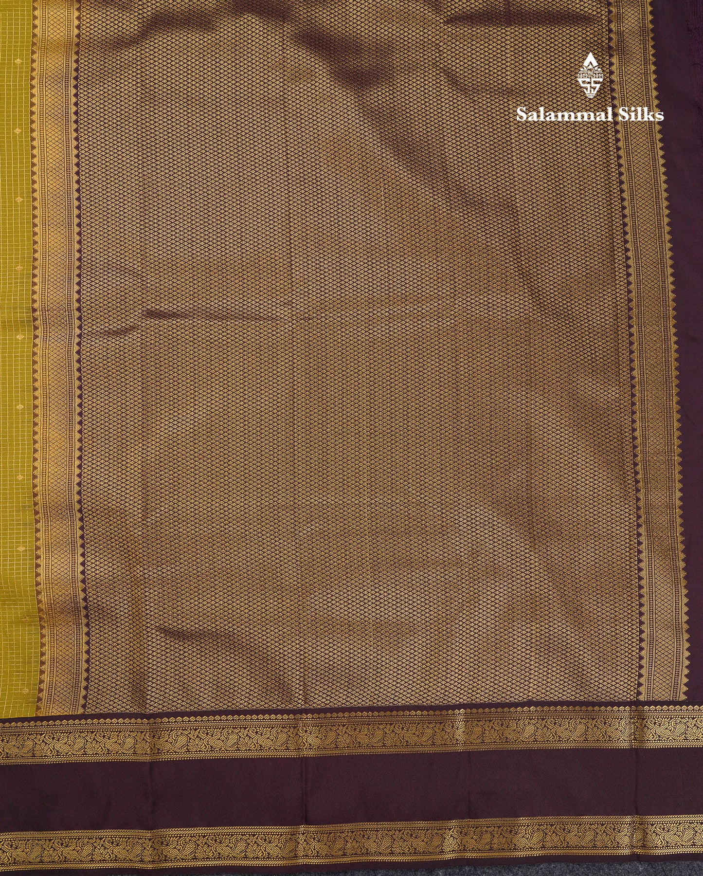 Beautiful Manthulir Yellow Checks With Butta Semi Silk Saree With Contrast Dark Brown Traditional Rettapet Border
